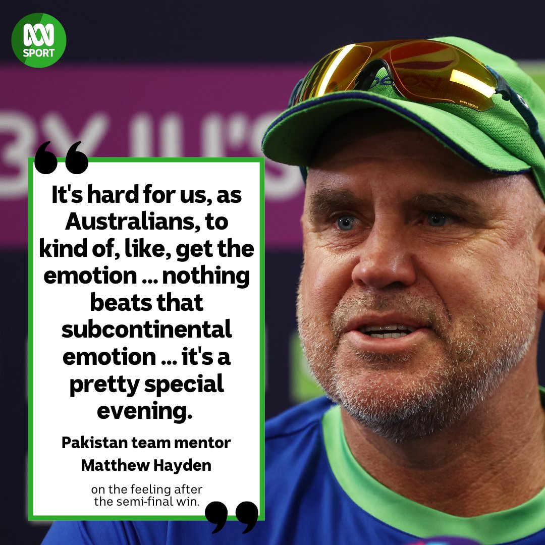 Matthew Hayden, and his quote: "It's hard for us, as Australians, to kind of, like, get the emotion ... nothing beats that subcontinental emotion ... it's a pretty special evening. "