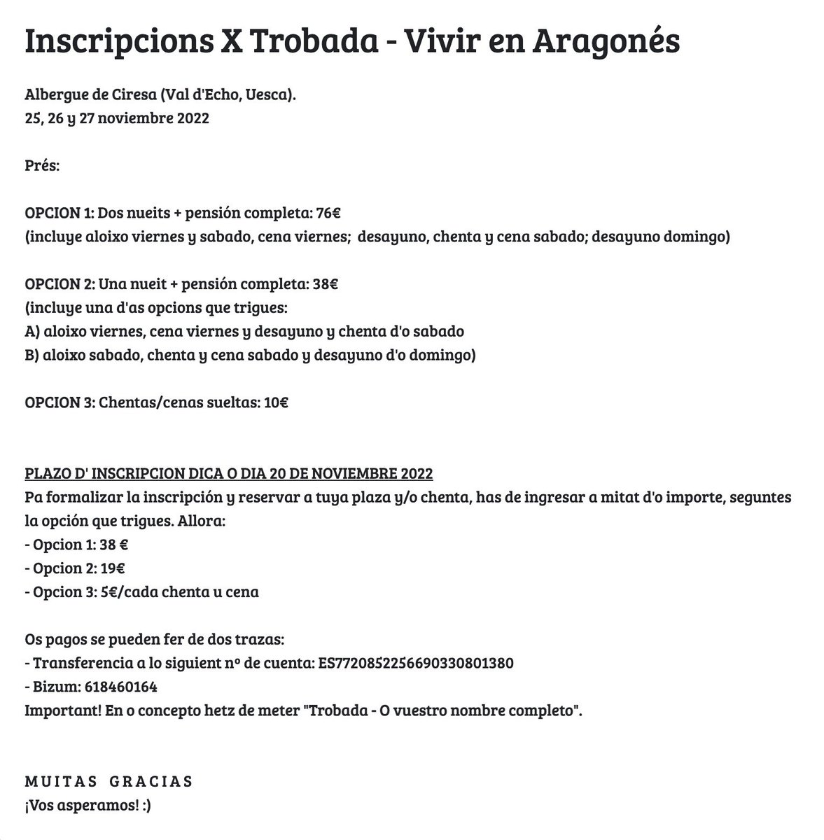 trobada_'s tweet photo. PARATZ CUENTA!⚠️

O zaguer día pa apuntar-se a la #XTrobada ye 20 de noviembre. As inscripcions se confirmaran dimpués d'ixe dia y seguntes l'orden cronolochico d'as mesmas.

Si se rematan as inscripcions, será zarrau con clau y candau!🔐 https://t.co/eHp31TT7kP