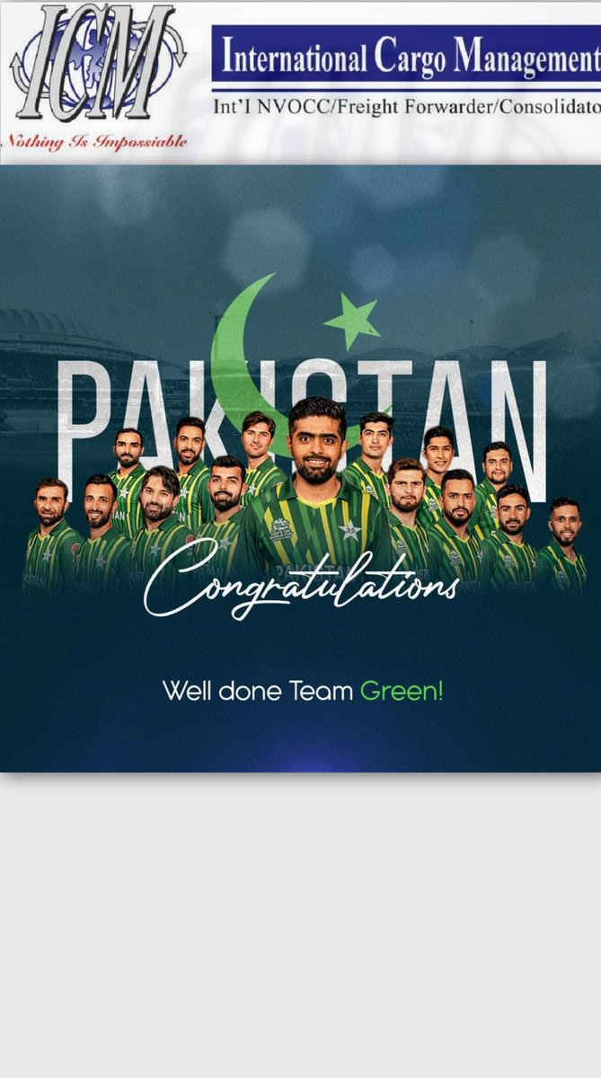 Interna63710350's tweet photo. Congratulations to team PAKISTAN on winning the T20 WorldCup 2022 SEMI FINAL match against NEW ZEALAND today.

#cricket #cricketfever #icmlogistic #cricketlive #jeetkijung #T20WorldCup22 #PAKvsNZ https://t.co/zWbdjaaeZr