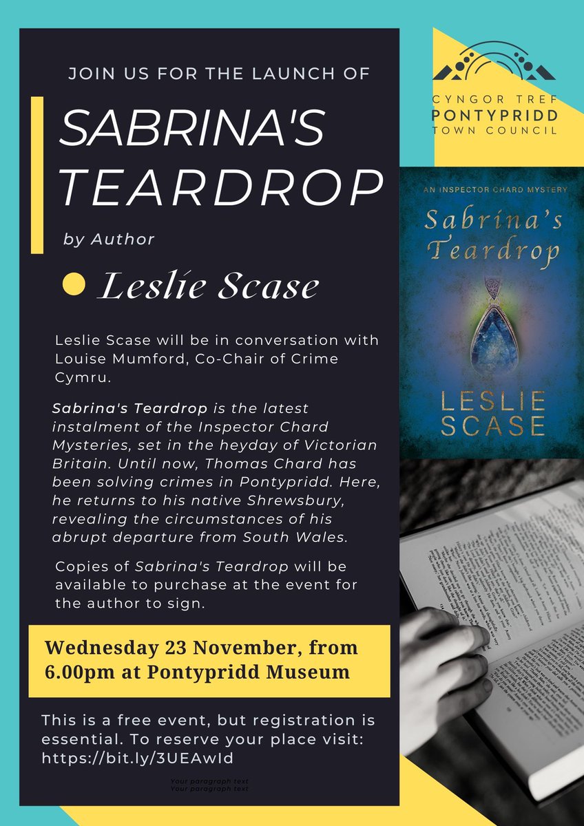 Join us <a href="/PontyMuseum/">Amgueddfa Pontypridd Museum</a> on November 23rd for the launch of <a href="/InspectorChard/">Leslie Scase</a>’s new novel ‘Sabrina’s Teardrop.’ Author Leslie Scase will be in conversation with <a href="/CrimeCymru/">Crime Cymru</a> Co-Chair <a href="/louise_mumford/">Louise Mumford</a>. Register for free here: bit.ly/3UEAwId