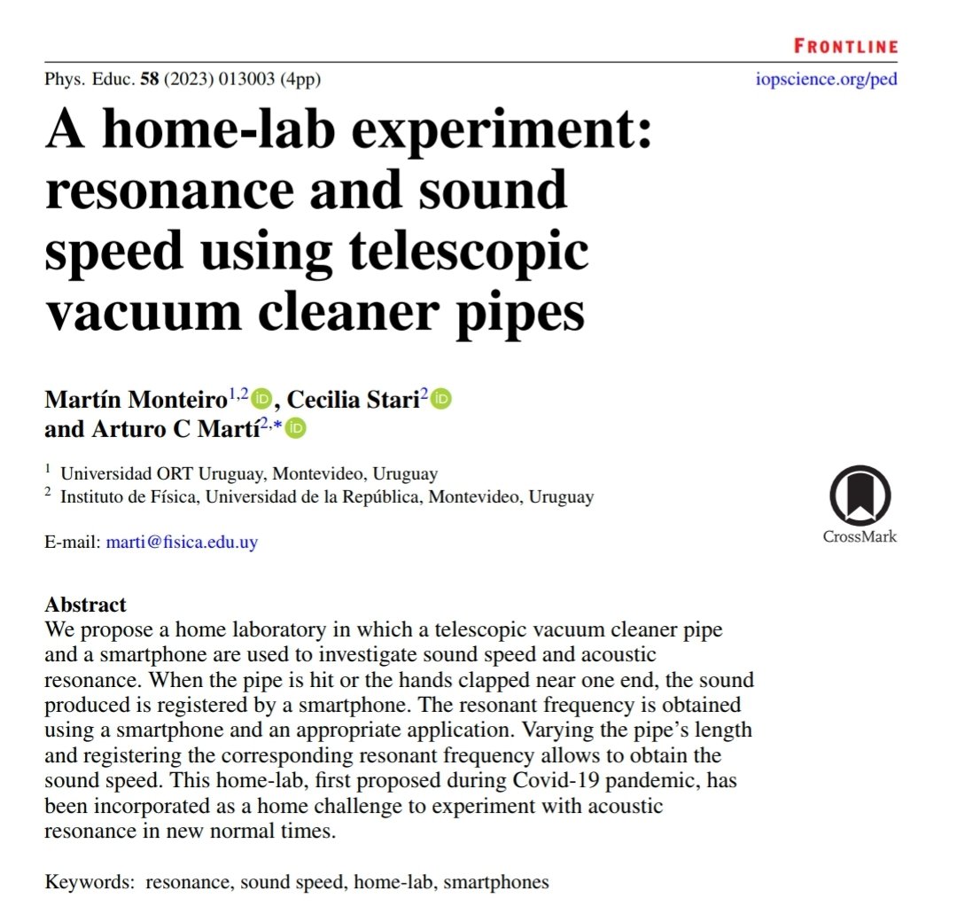 fisicamartin's tweet photo. "A home-lab experiment: resonance and sound speed using telescopic vacuum cleaner pipes"

M Monteiro, C Stari, and A Martí, @EducatePhysics 58(1), 013003 (2023)

#Physics #PhysicsEducation #Acoustics #PhysicsEverywhere #SmarterPhysics 

Just published:
https://t.co/UdJbHHWHhc https://t.co/s9WRRVYgZc