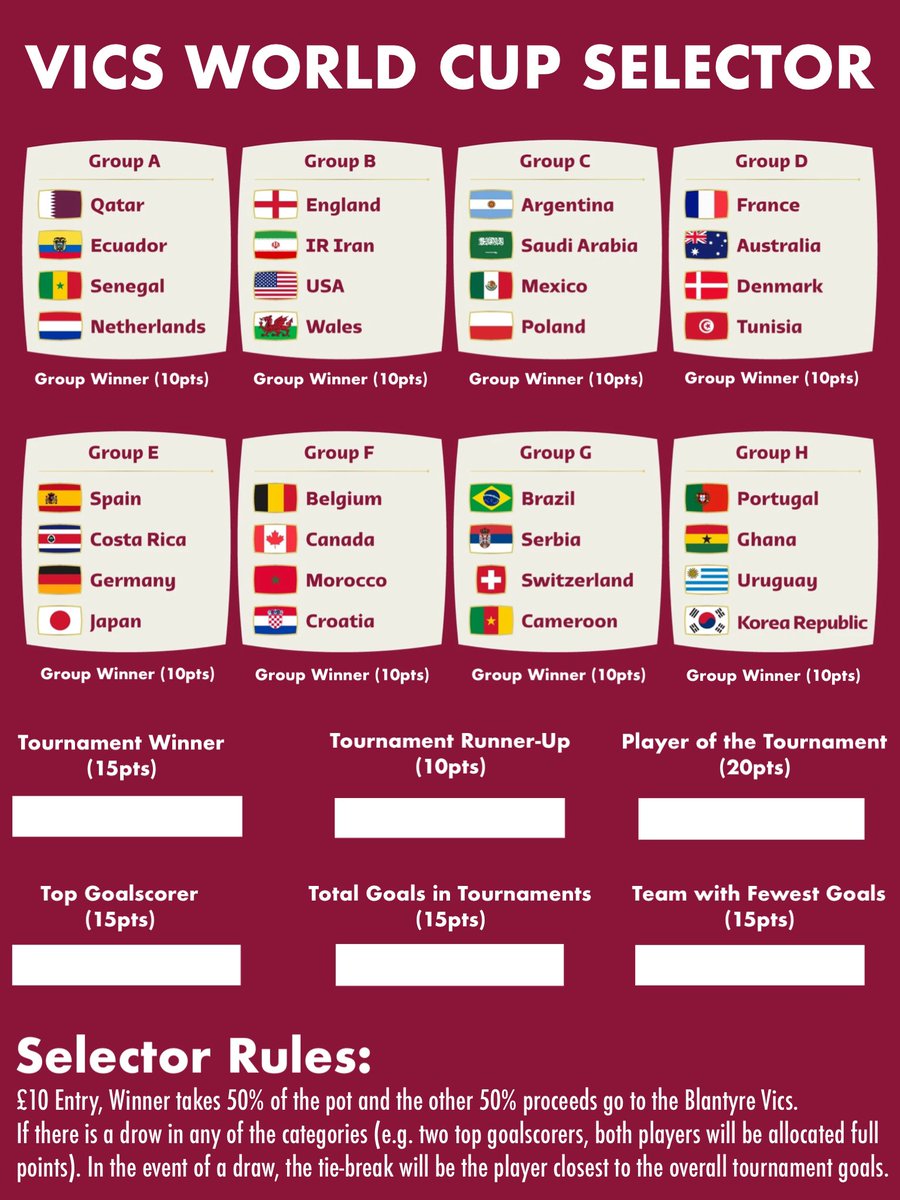 BVFC1890's tweet photo. 🏆VICS WORLD CUP SELECTOR🏆

With just under two weeks until the start of the World Cup we are bringing back our selector! 

It’s £10 to enter with half going to club funds and the half going to the jackpot. 

To enter fill in the form and send your £10 to the bank details below! https://t.co/e2m5CtZ2ps