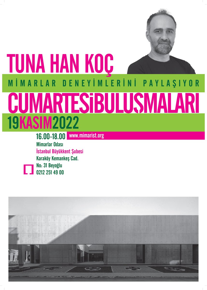 “Mimarlar Deneyimlerini Paylaşıyor” – Cumartesi Buluşmaları: Tuna Han Koç

Tuna Han Koç’un konuk olacağı Cumartesi Buluşmaları, 19 Kasım 2022 Cumartesi günü saat 16.00’da TMMOB Mimarlar Odası İstanbul Büyükkent Şubesi Karaköy Binası’nda gerçekleşecek.

mimarist.org/etkinlik/mimar…