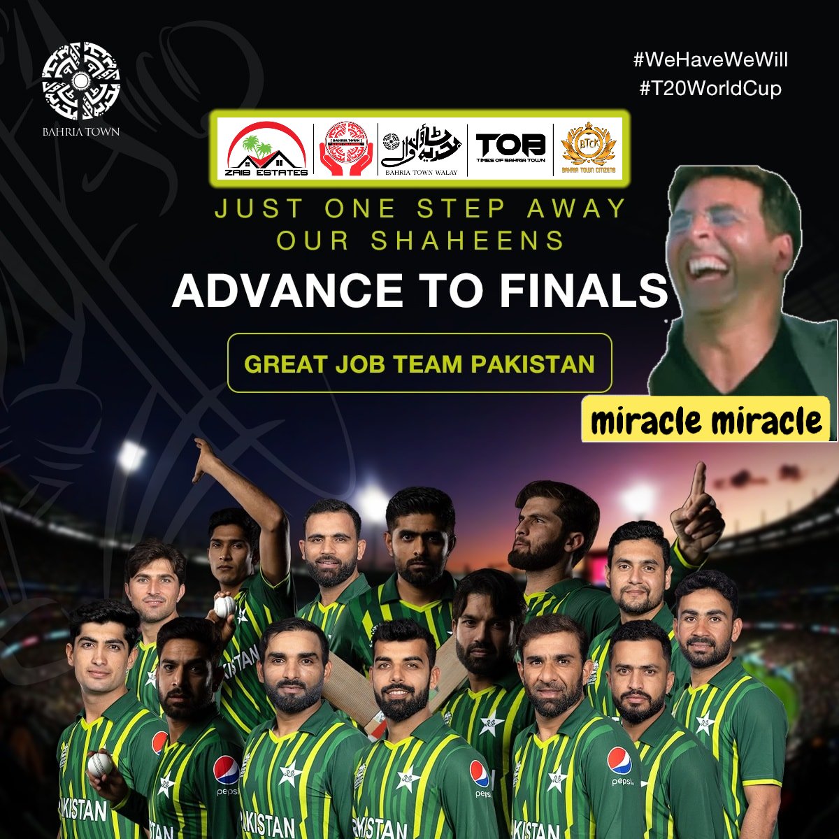 ZAIBESTATES's tweet image. Miracle Miracle Miracle 😂🇵🇰
Congratulations Greens to progress to FINAL of T20 World Cup 2022 
#CongratulationsPakistan #PakvsNZ #SemiFinal #T20WorldCup #T20WorldCup22 #WeHaveWeWill #PakistanCricketTeam #BahriaTown #Pakistan #cricket #T20WC2022 #T20WorldCup22 #ICCT20WorldCup2022