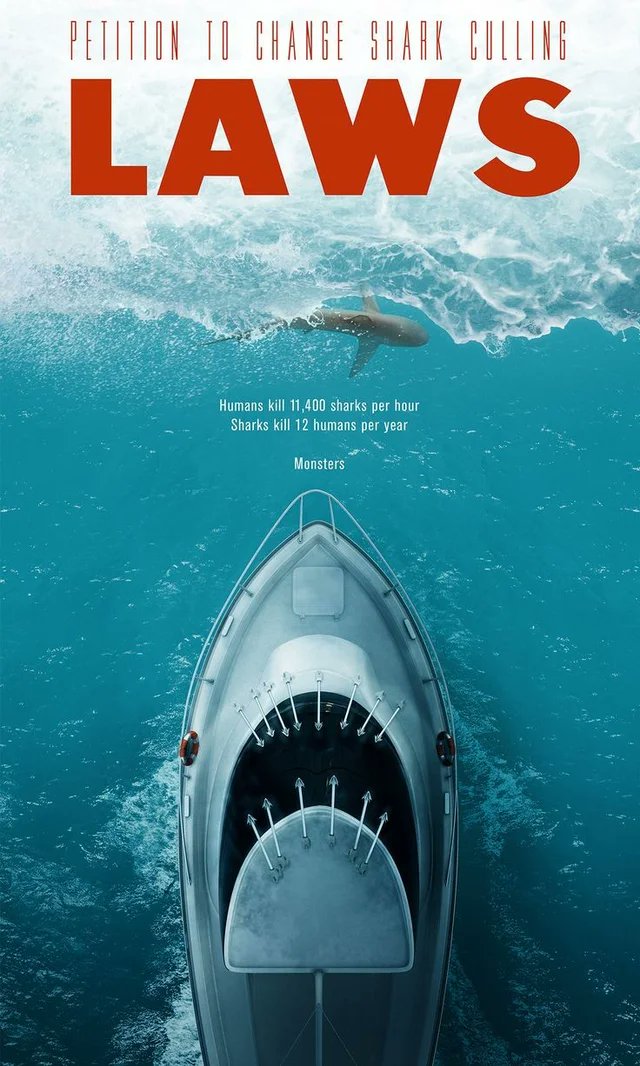 creapills's tweet photo. "Les humains tuent 11 400 requins par heure.
Les requins tuent 12 humains par an."

Brillante campagne pour sensibiliser contre l'abattage des requins façon "Les Dents de la mer" https://t.co/RLOwhe3bev