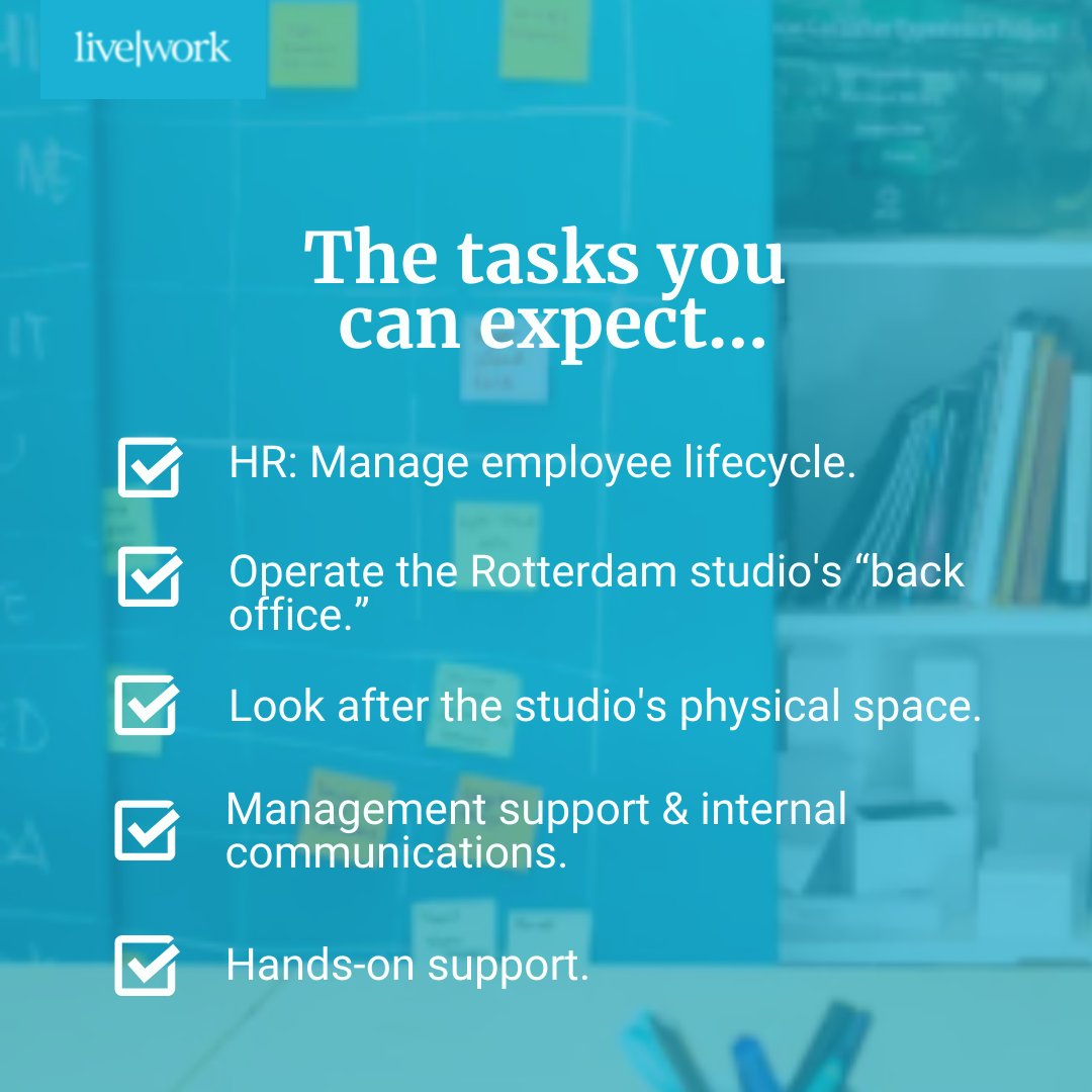 Livework Rotterdam is hiring! We’re on the lookout for a Studio Operations Manager. Are you going to be our new colleague?

Find out more about the role here: lnkd.in/dj5JW3vg

We’d love to hear from you!
#servicedesign #jobs #careers #jobsrotterdam