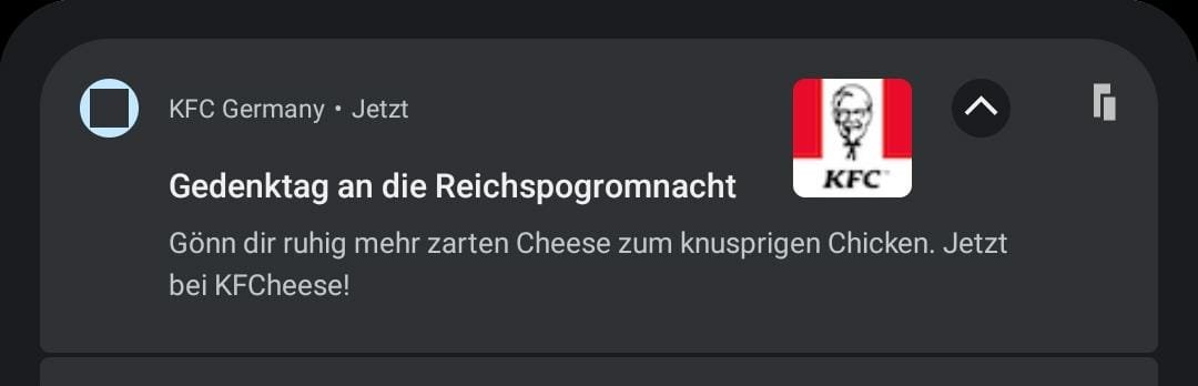 RetroC64's tweet photo. @KFCDeutschland
 Das ist nicht euer Ernst - oder? Feier mit einem Cheeseburger einen der dunkelsten Tagen der deutschen Geschichte? #geschmacklos #keinbockaufnazis #stopracism https://t.co/DeXa6YUVgA