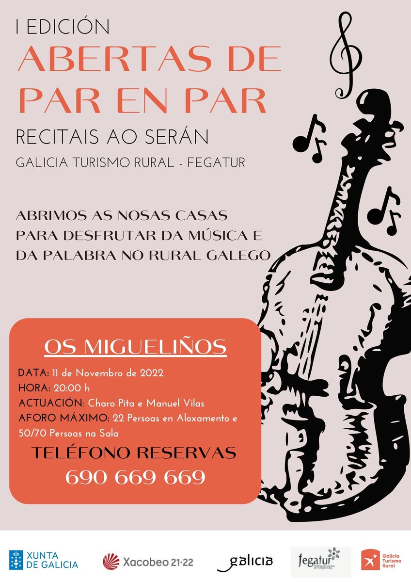 A I Edición de Abertas de Par en Par chega á Casa Os Migueliños, en #Barral, Concello de #Catoira.

#abertasdeparenpar #TurismoRural #galiciamáxica #GaliciaTurismo #otoño #galicia #Fegatur #turismo #conciertos2022 #conciertosgalicia #AgendaCultural