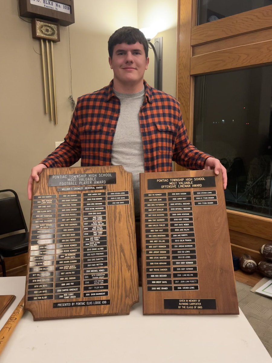 Congrats to Tyson for being named Illini Prairie All Conference O and D Lineman, MVP O Lineman for 3rd year in a row, MVP Football Player, and will receive Friends of Pontiac Football Scholarship. So proud of how hard you have worked <a href="/cramer_tyson/">Tyson Cramer</a>! <a href="/PTHSFootball1/">PTHS Football</a> <a href="/CraigCramer10/">Craig Cramer</a>