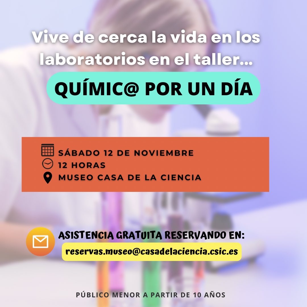 Casa Ciencia Sevilla (@casaciencia_sev) on Twitter photo ¿Cómo es la vida en los laboratorios?🔬
Descúbrelo en el taller ‘Químic@ por un día’, por el <a href="/IIQ_US_CSIC/">IIQ (CSIC-US)</a>
🗓Sábado 12 de noviembre
🕢12:00 horas
📍Museo Casa de la Ciencia
👧🏻👦🏽 A partir de 10 años
✉️ Para asistir: reservas.museo@casadelaciencia.csic.es
#semanadelaciencia ¿Cómo es la vida en los laboratorios?🔬
Descúbrelo en el taller ‘Químic@ por un día’, por el <a href="/IIQ_US_CSIC/">IIQ (CSIC-US)</a>
🗓Sábado 12 de noviembre
🕢12:00 horas
📍Museo Casa de la Ciencia
👧🏻👦🏽 A partir de 10 años
✉️ Para asistir: reservas.museo@casadelaciencia.csic.es
#semanadelaciencia