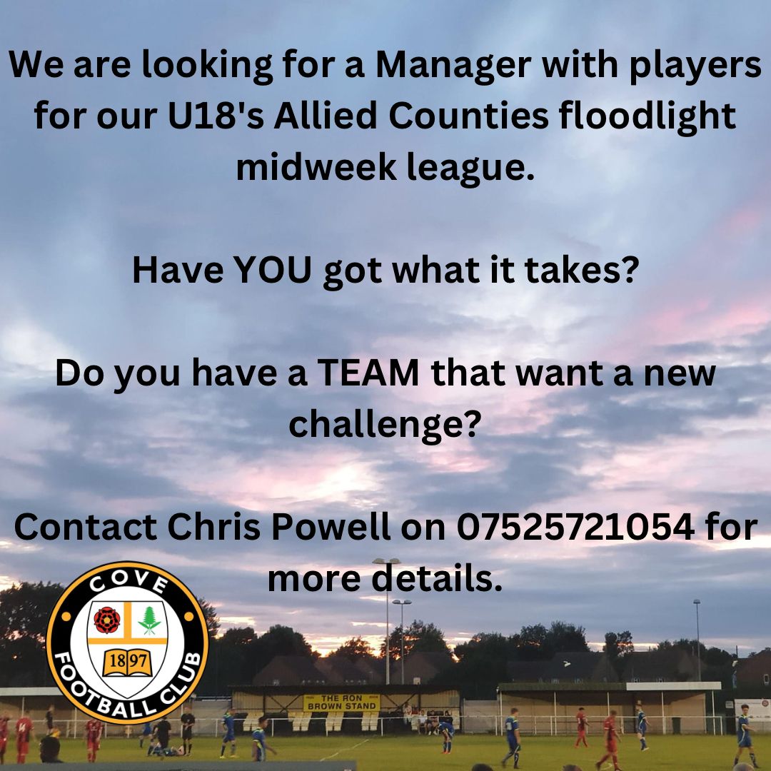 CoveFC_Official's tweet photo. U18's manager vacancy 

#Covefc #Farnborough #Youthfootball #Footballmanager #AlliedCounties #MidWeekFootball https://t.co/JBsd8nITOI