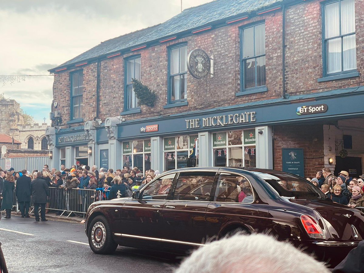 ambertaverns's tweet photo. King Charles and Queen Consort visiting York today.  Our pub The Micklegate was on hand to give them a warm welcome. His majesty unperturbed by the egg throwing incident and the crowd overwhelmingly in support of The King. #York #KingCharlesYork https://t.co/xcTXOAKJVt