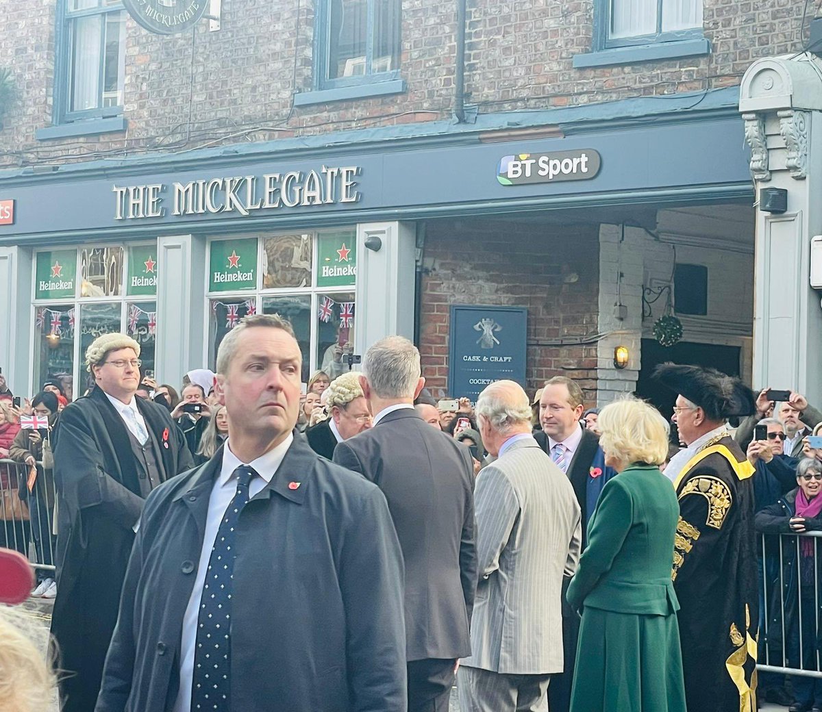 ambertaverns's tweet photo. King Charles and Queen Consort visiting York today.  Our pub The Micklegate was on hand to give them a warm welcome. His majesty unperturbed by the egg throwing incident and the crowd overwhelmingly in support of The King. #York #KingCharlesYork https://t.co/xcTXOAKJVt