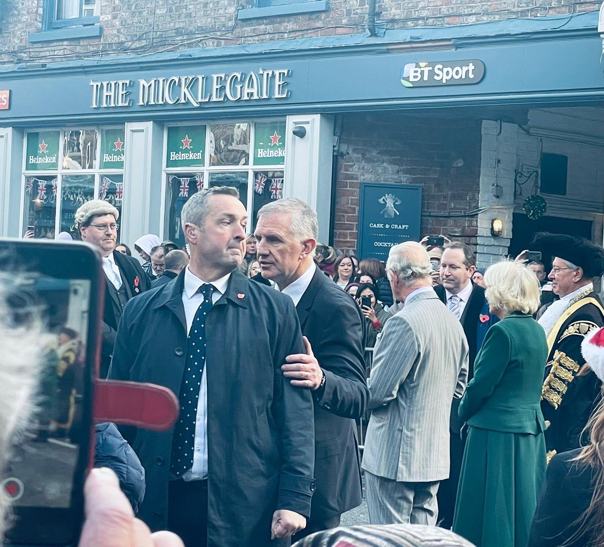 ambertaverns's tweet photo. King Charles and Queen Consort visiting York today.  Our pub The Micklegate was on hand to give them a warm welcome. His majesty unperturbed by the egg throwing incident and the crowd overwhelmingly in support of The King. #York #KingCharlesYork https://t.co/xcTXOAKJVt