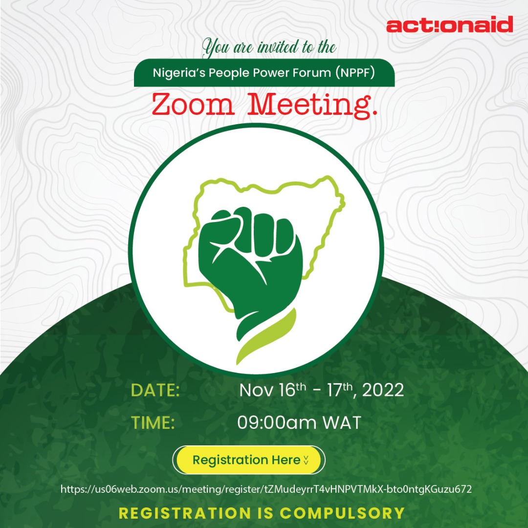 Hi there,
You are invited to a (NPPF) Zoom meeting. 
When: Nov 16-17, 2022 09:00 AM West Central Africa 
Register in advance for this meeting:
us06web.zoom.us/meeting/regist… 
After registering, you will receive a confirmation email containing information about joining the meeting.