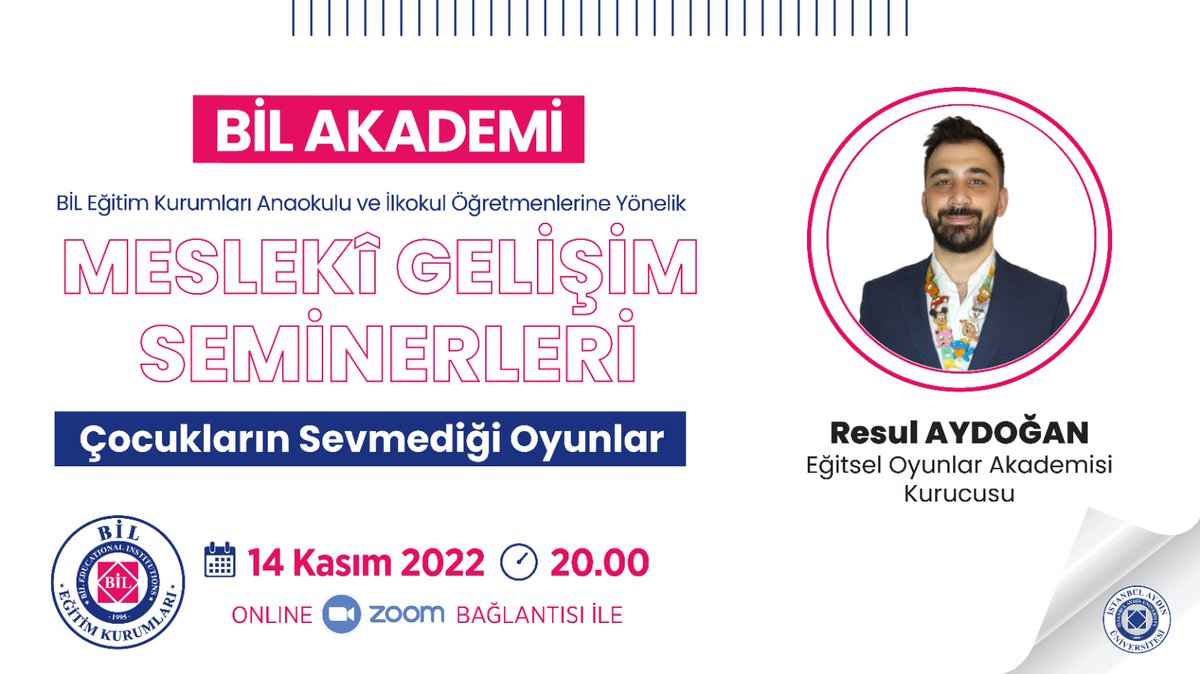 BilKurs's tweet photo. 𝗕𝗶𝗟 𝗔𝗞𝗔𝗗𝗘𝗠𝗶

BİL Eğitim Kurumları Anaokulu ve İlkokul Öğretmenlerine Yönelik

MESLEKÎ GELİŞİM SEMİNERLERİ

📢 Çocukların Sevmediği Oyunlar
🎙 Resul AYDOĞAN - @egitseloyunlar Akademisi Kurucusu
🗓 14 Kasım 2022
⏰ 20.00

@IAUKampus @iautanitim https://t.co/4UbJbMRJfO