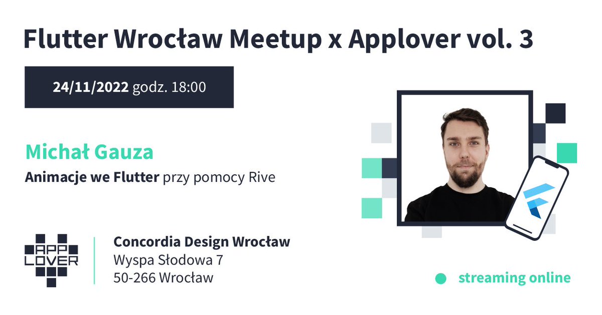 themomentum_ai's tweet photo. Flutter Wrocลaw Meetup x Applover vol. 3 will take place 24 November at 6 p.m., so it's time to introduce the first speaker! ๐
Here is Michaล Gauza, who will talk about #Flutter animations with Rive! ๐
Join us: https://t.co/C7o06eEn3d
#flutterdev #fluttermeetup #applover https://t.co/AZXPNSRav7