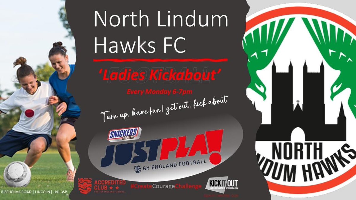 Come along and join our <a href="/SNICKERS/">SNICKERS</a> 'JUST-PLAY' ladies kickabout. 

Every Monday 6-7pm on the 3G all-weather pitch at <a href="/ActiveNationLin/">YarboroughLeisureCen</a> Yarborough. 

To register please visit:

faevents.thefa.com/bookevent?even… <a href="/LincolnshireFA/">Lincolnshire FA</a> <a href="/LincsLive/">Lincolnshire Live</a>