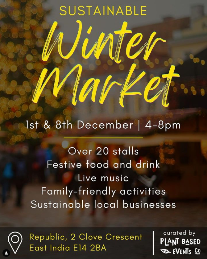 This #winter season, we're really excited to be hosting a fantastic #sustainable market!

On the 1st &amp; 8th December, Republic will be welcoming #vegan and #ethical businesses so if you're based in East or SE #London, get the dates in your diary now!

Stay tuned for more info👀