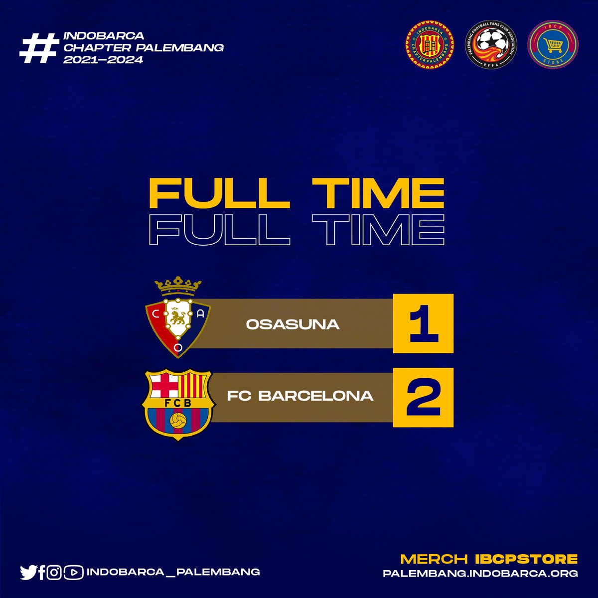 FT : Osasuna 1-2 FC Barcelona
Goal : Pedri &amp; Raphinha

Match yang sulit untuk kali ini, sebab Barça harus tertinggal terlebih dahulu &amp; harus bermain dengan 10 pemain sejak babak pertama setelah Lewan mendapatkan kartu merah. Tetapi, akhirnya Barça berhasil meraih kemenangan.