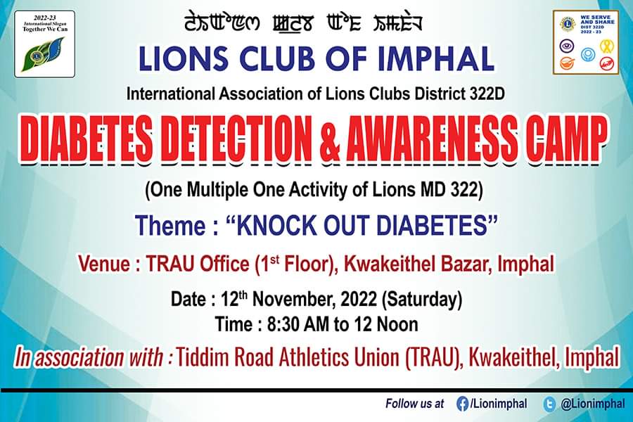 #Diabetes Detection & Awareness Camp on 12 Nov 2022, #OneMultipleOneActivity of MD322 on the theme #KnockOutDiabetes, org by #lionsclubofimphal #Dist322D & Tiddim Road Athletics Union (TRAU) at Kwakeithel, #Imphal. 
#LionsClubsInternational #WeServe @lionsclubs @APforVP2022