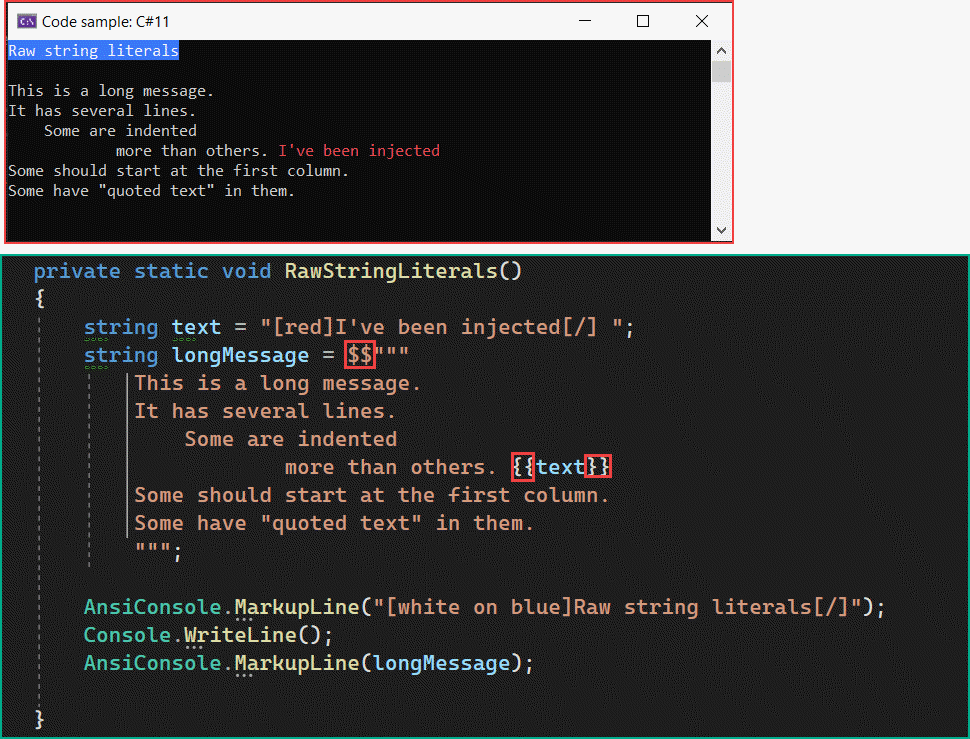 C# 11 Raw string literals string interpolation. Using Spectre.Console for coloring.