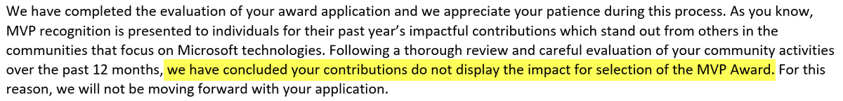 richardhicks's tweet photo. Just received my formal rejection letter from the Microsoft MVP award program. Apparently, I didn't meet the contribution requirements. I published a book and Pluralsight course, along with numerous technical articles. Still not enough, apparently? ๐คทโโ๏ธ #NotAnMvp https://t.co/NK7lyrMjbz