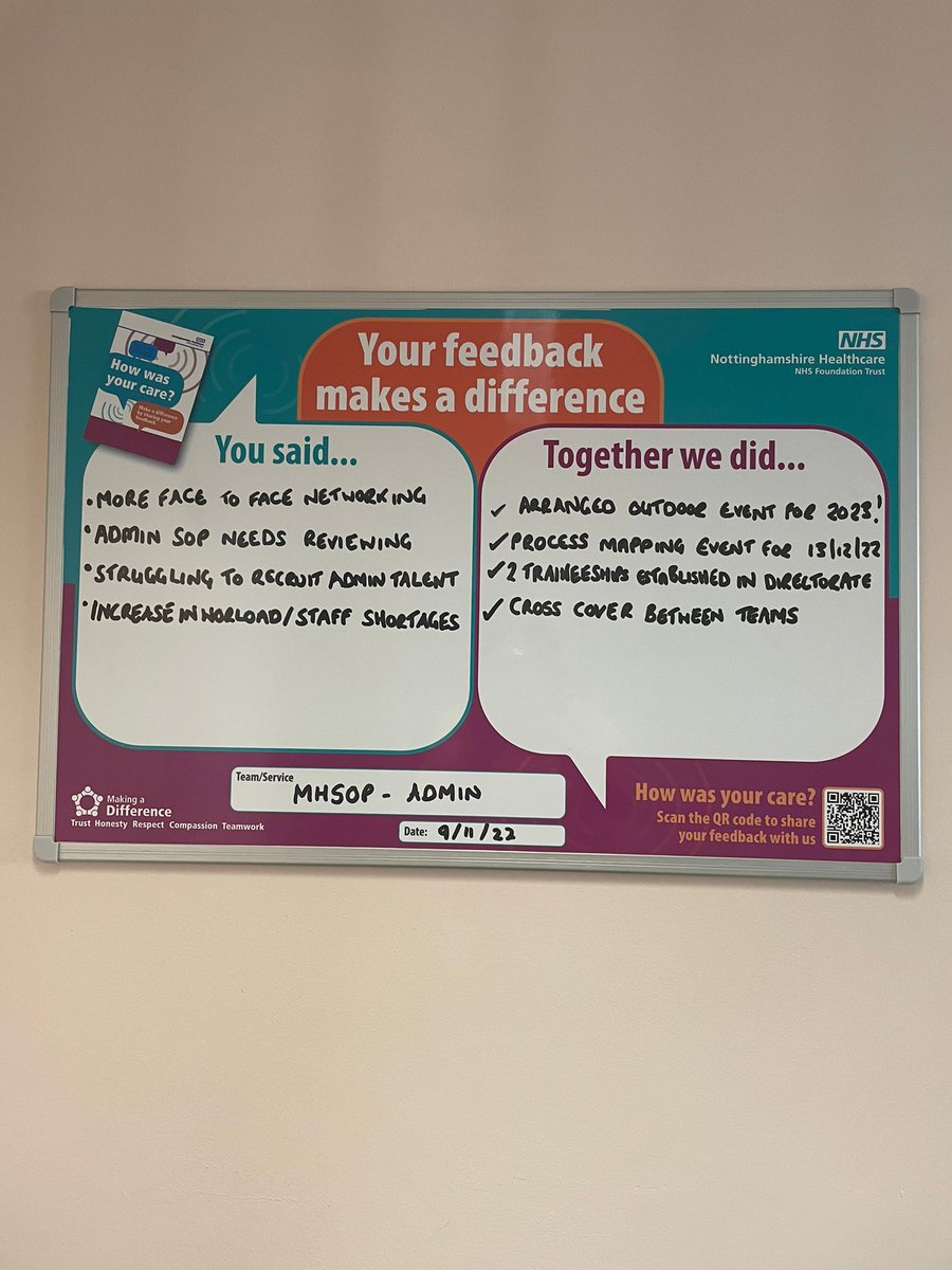 Excited to have a "you said, we did" board for MHSOP admin!   The feedback and actions from the recent admin away days have been really helpful and it's great to keep working together to improve the services 😃 <a href="/MHSOPNottsHC/">MHSOPNottsHC</a> <a href="/NottsHealthcare/">Nottinghamshire Healthcare</a>