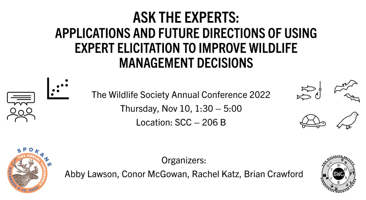 Need to build a model, but don't have enough data? Ask the experts!

Check out our #TWS2022 symposium on expert elicitation in wildlife management on Thursday 9/10, sponsored by @BiometricsTWS 

We have an excellent lineup of speakers!