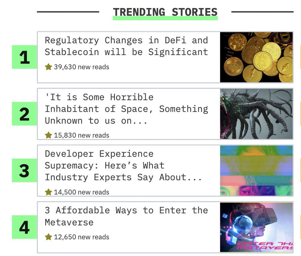 hackernoon's tweet photo. 👀 What's trending on @hackernoon today?
🔥 Learn more about #defi, #StableCoin, #saas, #scifi, and #metaverse! 
@FreshworksInc 
https://t.co/JSyC1mZ5tg https://t.co/SHb7lGDvWu