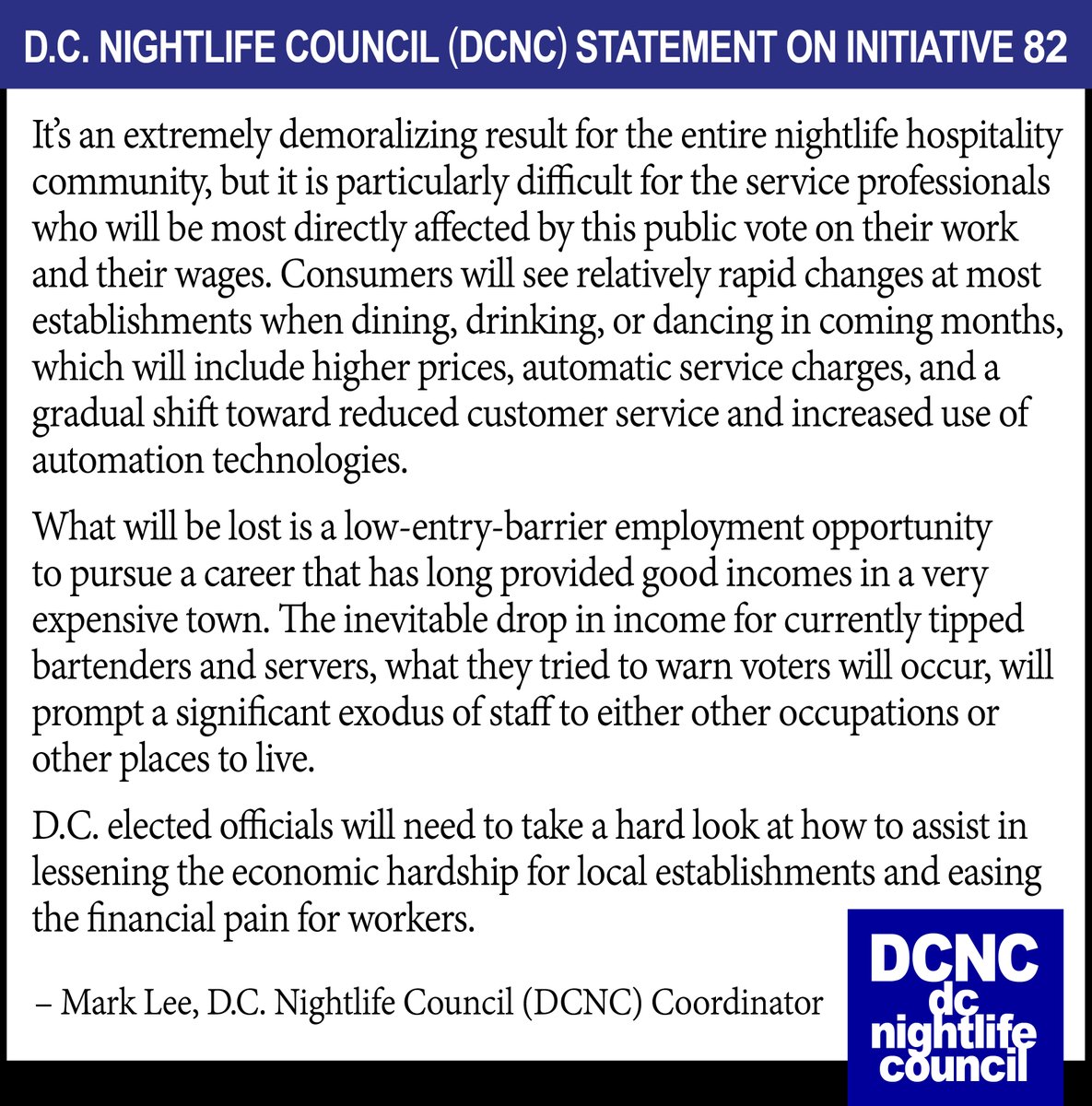 DCNightlifeDCNC's tweet photo. DC Nightlife Council (DCNC) Statement on Initiative 82 Ballot Measure Result

#DCision22 #Initiative82
#DCnightlife #TipCredit https://t.co/IwN3lNfbNE