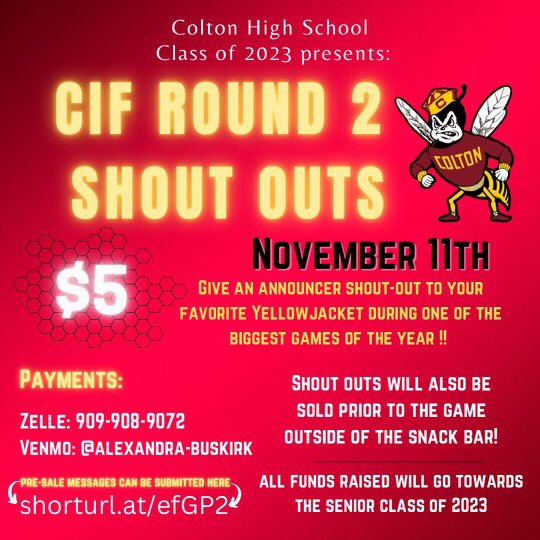 Support the senior class in giving a shoutout at this Friday’s CIF Round 2 game !! Shout out your favorite player, teacher, or even a friend !