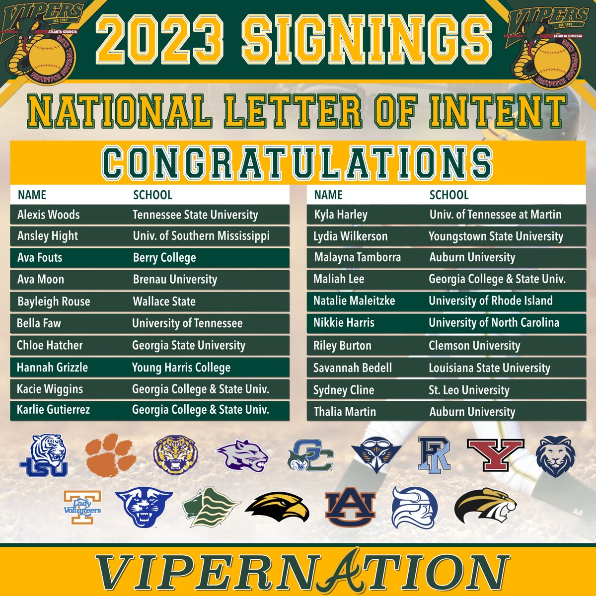 Congratulations to each of the Atlanta Vipers players that are signing over the next several days to their school of choice! We are VERY PROUD of you! #vipernation