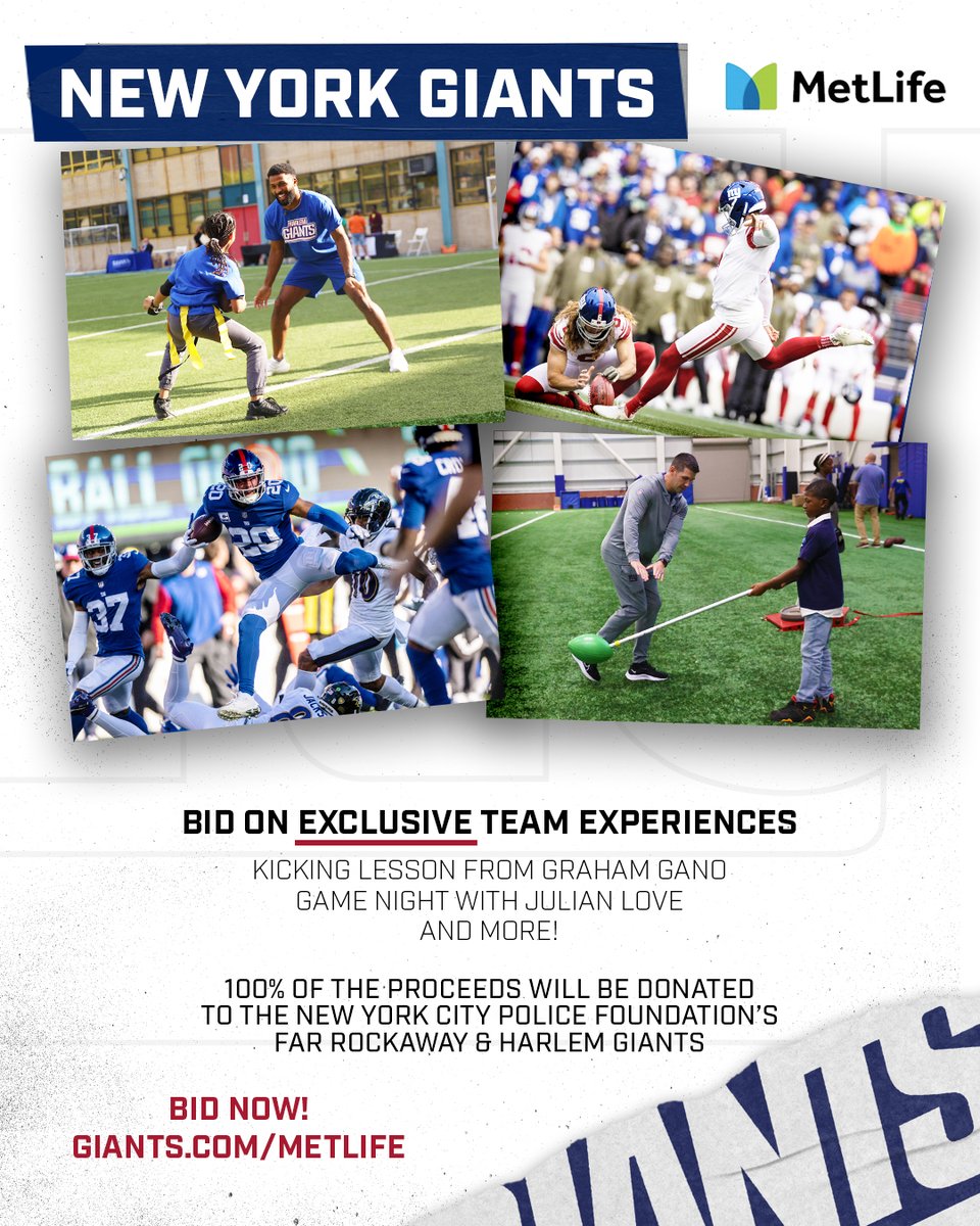 BID NOW on exclusive experiences and items to support the <a href="/nycpolicefdtn/">NYCPoliceFoundation</a>’s Far Rockaway &amp; Harlem Giants. <a href="/MetLife/">MetLife</a> will match up to $30,000 in donations! 

Join the Huddle now at Giants.com/MetLife.