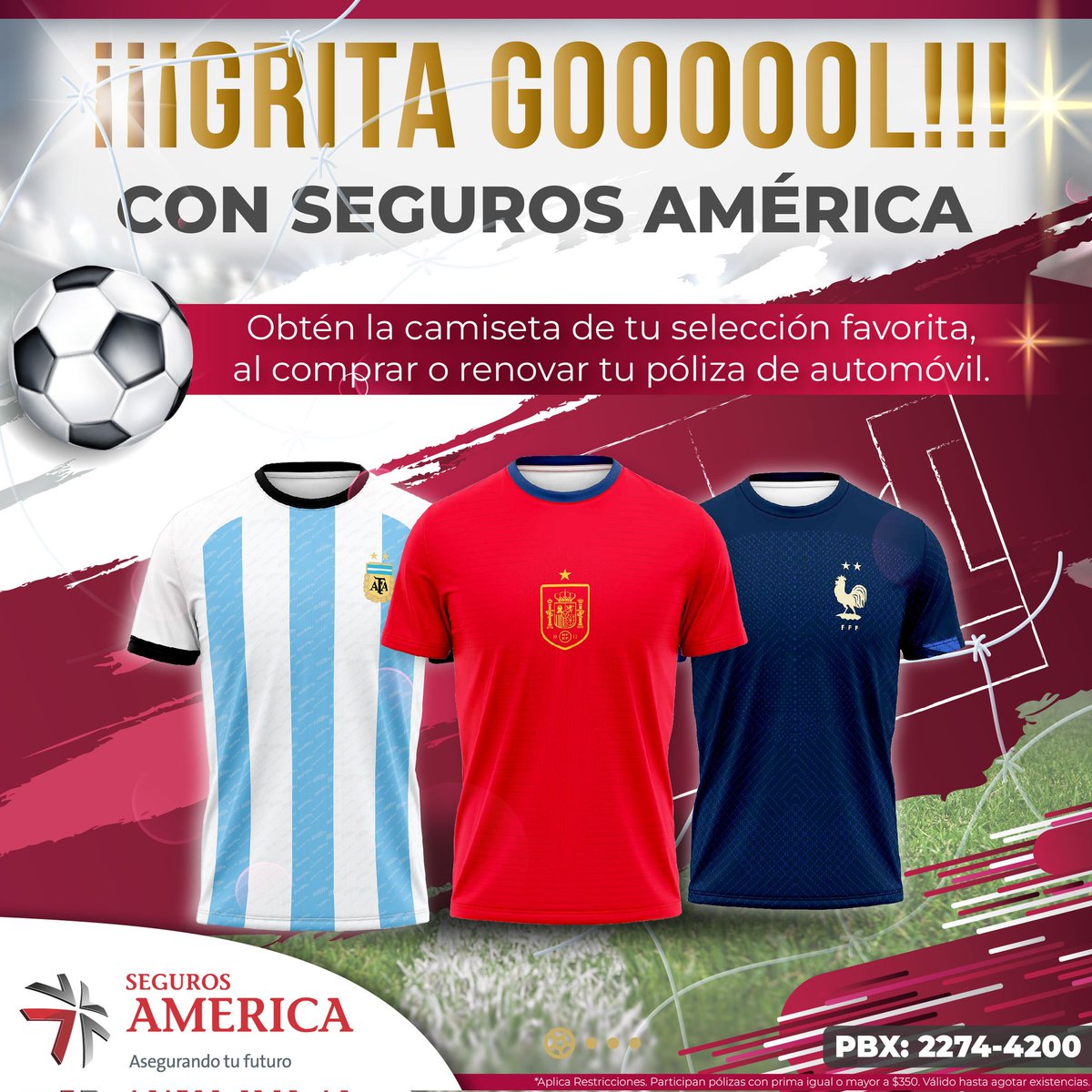 ¿Estás listo para gritar GOOOOL con Seguros América? 🥳⚽️🥅 Ya nos estamos preparando para el Mundial 🎊 Compra o renueva tu seguro de auto daños propios y podrás elegir la camisa de tu selección favorita 👕🤩🇪🇸🇧🇷🇯🇵🇰🇷🇩🇪🇲🇽🇫🇷
*Aplican restricciones.