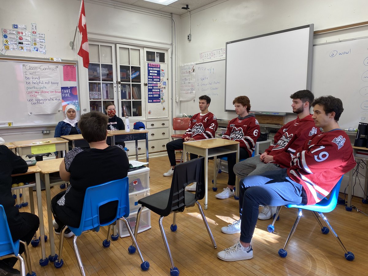Storm_City's tweet photo. Cooper, Payton, Dixon, and Matt visited the Life Skills class at Guelph Collegiate Vocational Institute today!

Thank you for having us, @GuelphCVI 👏

#StormCity | #TheStormIsComing https://t.co/9B2z5vghjK
