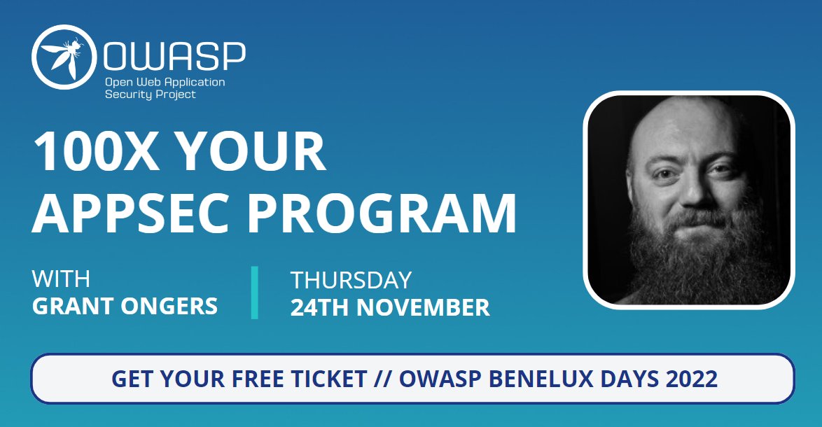 OWASP Netherlands (@owasp_nl) on Twitter photo 📢 Our First Speaker Announcement!📢
<a href="/rewtd/">Grant Ongers (https://defcon.social/@rewtd)</a> will present "100x Your #AppSec Program" at this month's @OWASP BeNeLux Days in Tilburg, NL.
Register here: eventbrite.com/e/owasp-benelu… #cybersecurity #infosec #owasp 📢 Our First Speaker Announcement!📢
<a href="/rewtd/">Grant Ongers (https://defcon.social/@rewtd)</a> will present "100x Your #AppSec Program" at this month's @OWASP BeNeLux Days in Tilburg, NL.
Register here: eventbrite.com/e/owasp-benelu… #cybersecurity #infosec #owasp