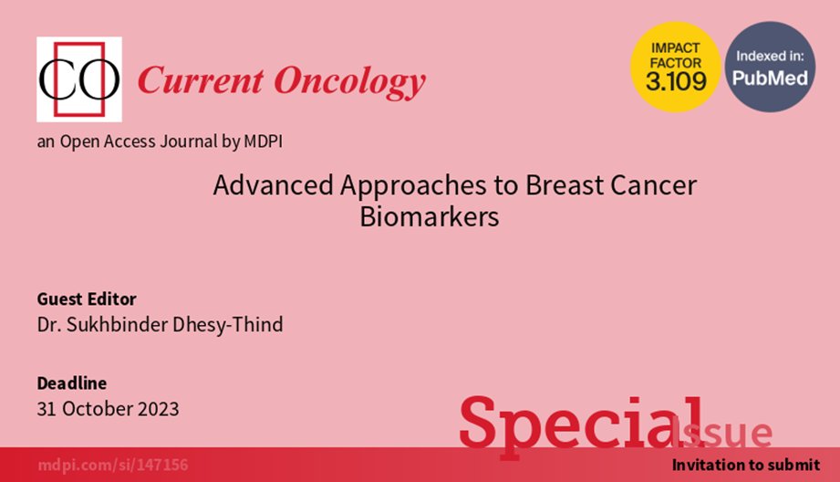 Current Oncology (@currentoncology) on Twitter photo 🗣️Call for Papers
Please consider submitting to this new Special Issue:
bit.ly/3WHmxmV
🗨️This SI will focus on advances in biomarkers of #breastcancer, their advantages, and challenges, along with application of these markers to guide therapeutic interventions. 🗣️Call for Papers
Please consider submitting to this new Special Issue:
bit.ly/3WHmxmV
🗨️This SI will focus on advances in biomarkers of #breastcancer, their advantages, and challenges, along with application of these markers to guide therapeutic interventions.