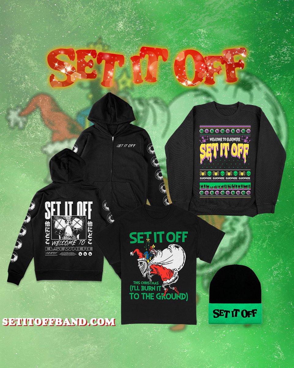 it's never too early for some holiday spirit 👁️🎄🎁🧸 our exclusive holiday merch is available for pre-order NOW at setitoffband.com !! 💖