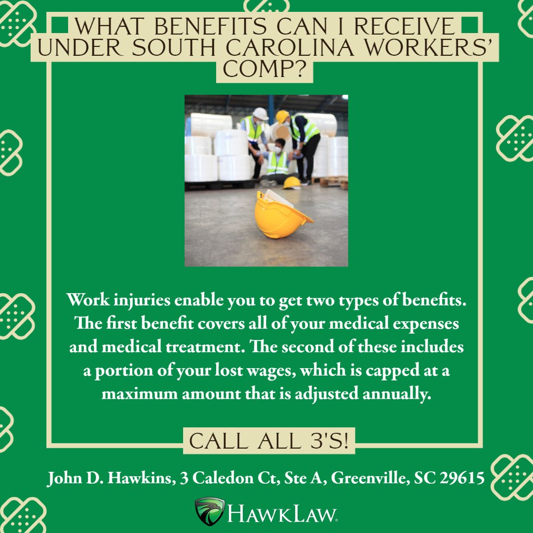 gohawklaw's tweet photo. What #benefits can I receive under South Carolina #WorkersCompensation? 

You can receive medical expenses, medical treatment, and a portion of your lost wages. 

Learn more at: https://t.co/1eaHlIO0EN 

#WorkersComp #HawkLaw #HawkLawFights https://t.co/MamyQsiREH
