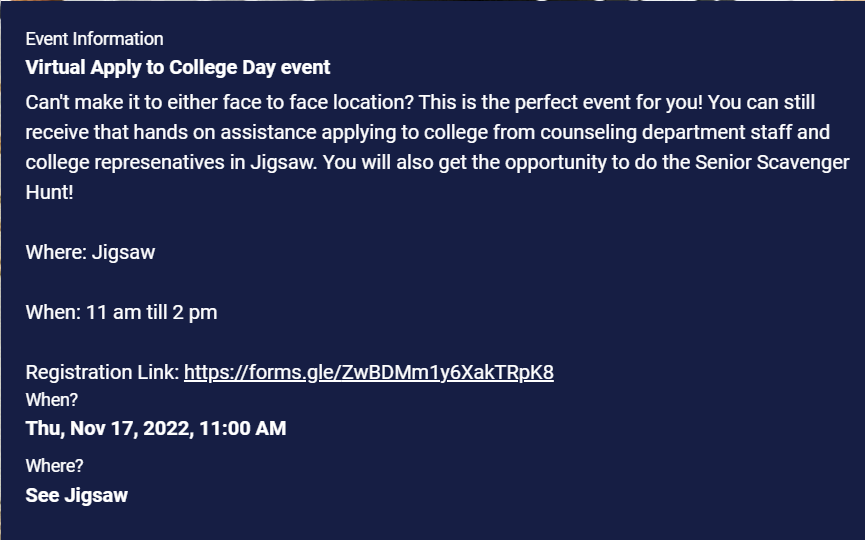 GcaCounseling's tweet photo. If you can't make it to a face to face location for Apply To College Day, join us virtually. We will be having Virtual ATC Day in Jigsaw! https://t.co/ZVr4yfxQlw