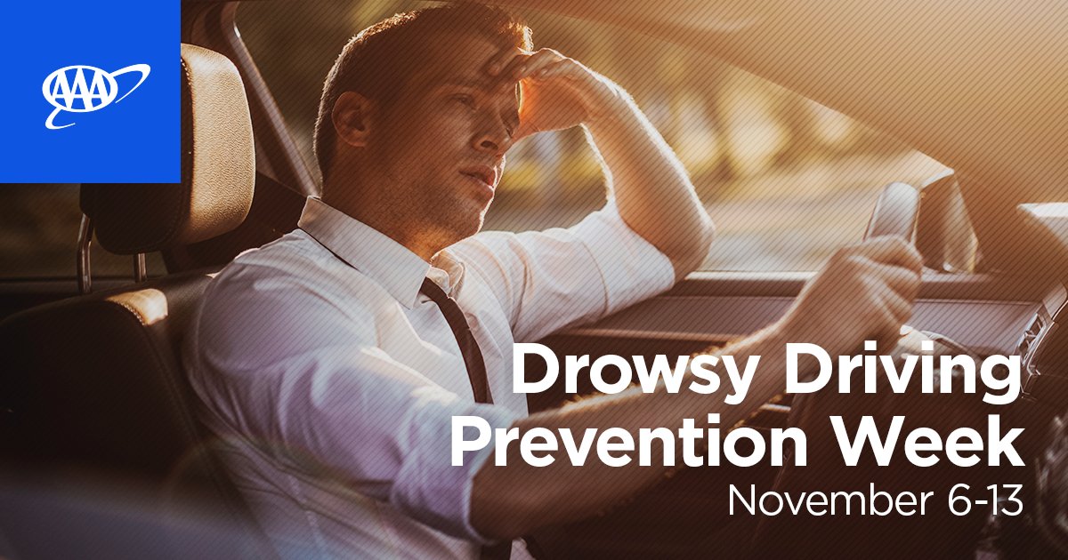 Drowsy Driving Prevention Week is November 6-13, 2022 - drowsy driving is a serious problem that can lead to accidents on the road. AAA urges everyone to stay alert when driving and to get the sleep they need in order to stay safe. #SleepFirst Learn More: aaa-text.co/3EiEVez