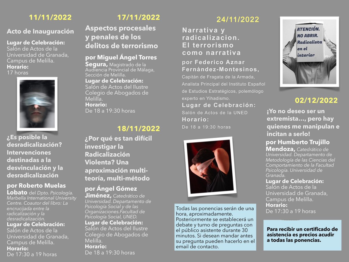 Romulobato's tweet photo. Este viernes estaré en el Salón de Actos de la Universidad de Granada, campus Melilla, hablando sobre las intervenciones para fomentar la #Desradicalización y la #Desvinculación. Organizan @COPMelilla @icamelilla @SaludMelilla https://t.co/tc9g6jLoiJ