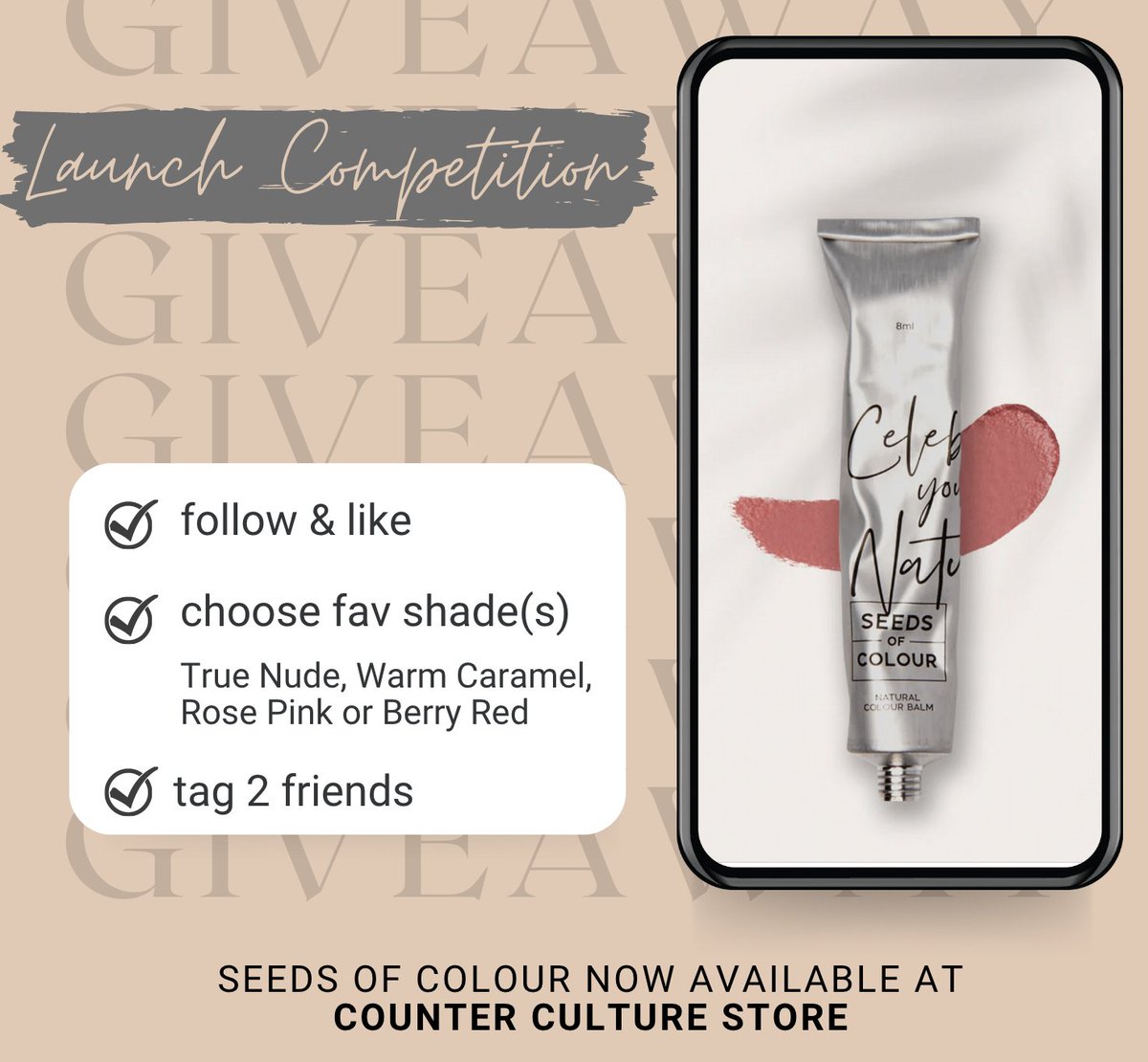 🌟 CHANCE TO WIN 🌟  To celebrate the arrival of Seeds of Colour at Counter Culture Store we've got a fabulous giveaway for you &amp; two friends!! 

Head over to our Facebook or Insta feed to enter 

#giveaway #chancetowin #sustainablebeauty #veganbeauty #lipbalm #multipurposebalm