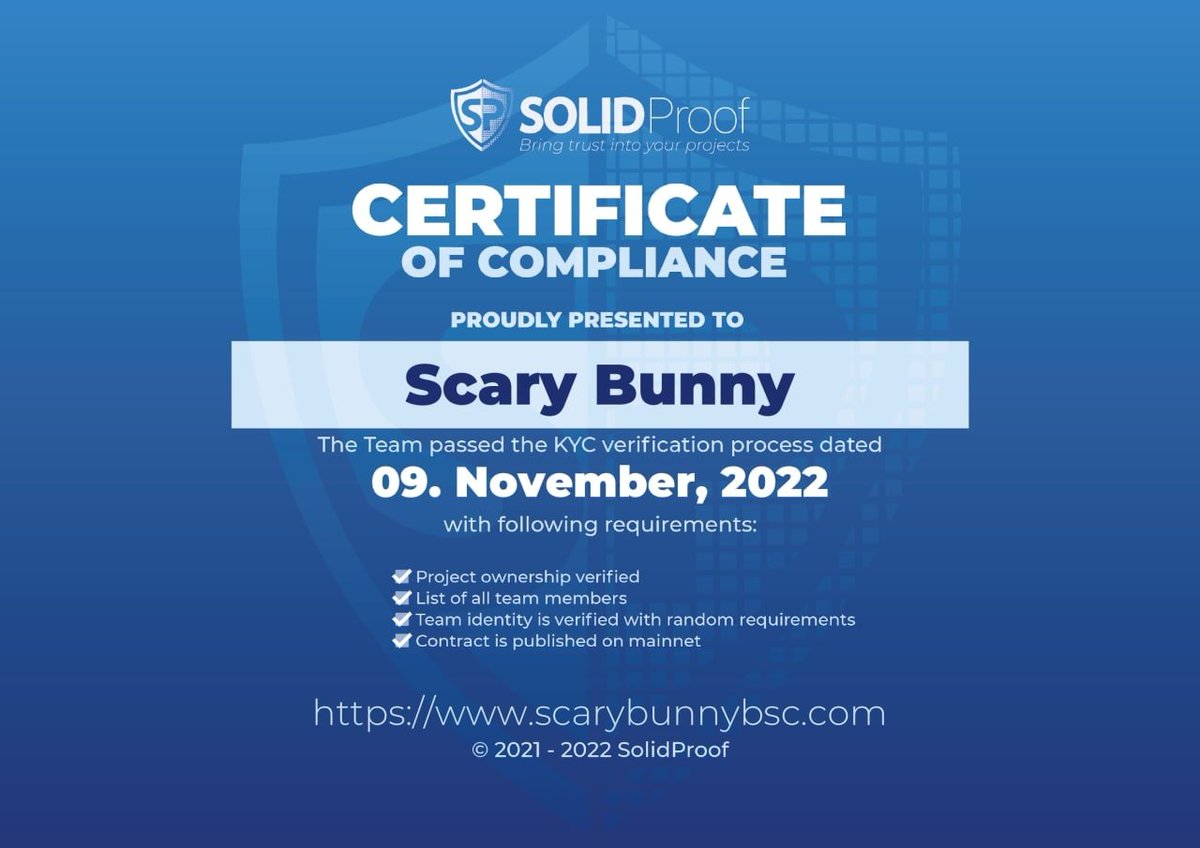 ScaryBunny6's tweet image. ✨Scary Bunny 🩸 KYC has been completed with solid proof, you can check the KYC certificate along with the Github link attached below 

github.com/solidproof/pro…  ✅