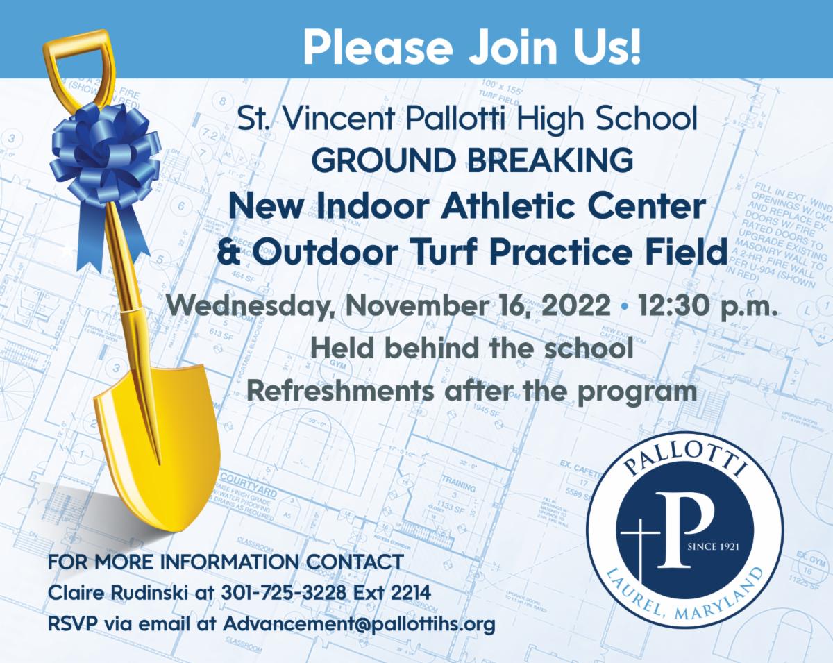 Pallotti_HS's tweet photo. Ground Breaking on New Indoor Athletic Center &amp; Outdoor Turf Practice 
Wednesday, November 16, 2022
Please RSVP via email at Advancement@pallottihs.org https://t.co/VQBnFXbf9S