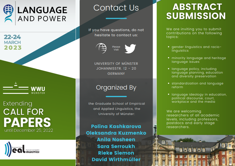 eug1979's tweet photo. e-Onomastics: Great event to participate ! #Conference on "#Language and #Power" https://t.co/8l9YCMalha @LanguageandPow1 Please submit your abstracts for your 20-minute presentations in a PDF format via EasyChair until 1 pm December 25th, 2022 https://t.co/5oT2cl2EtX