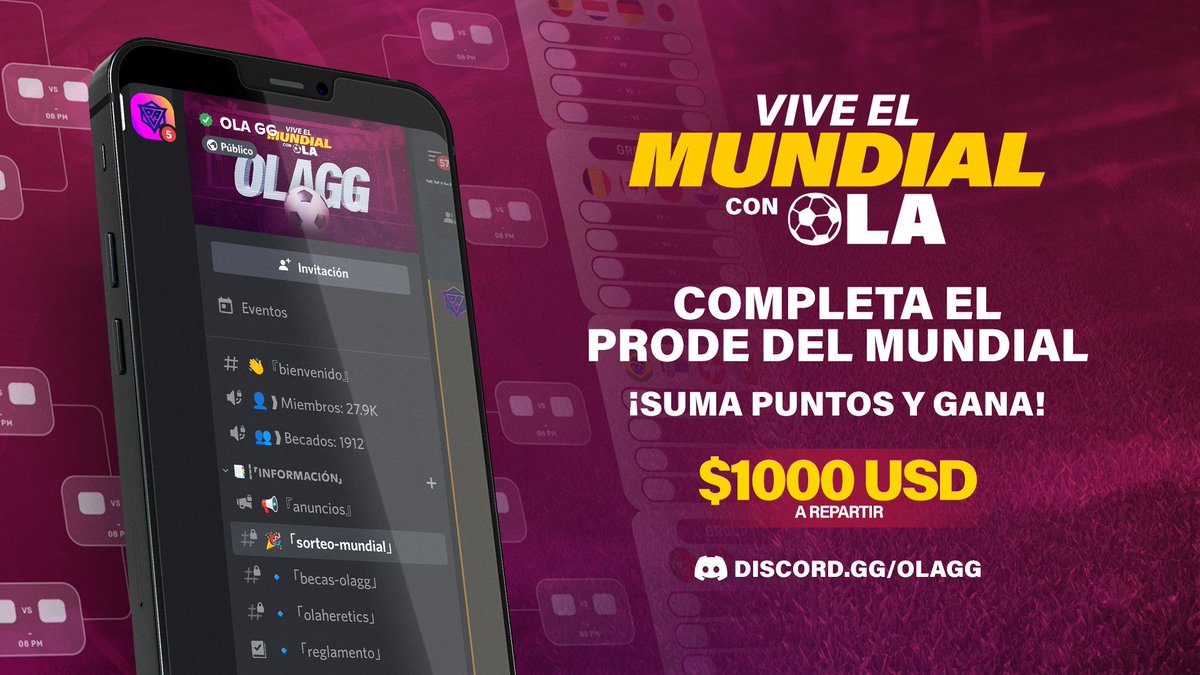 OLAGuildGames's tweet photo. VIVE EL MUNDIAL CON OLA ⚽ 

Completa el prode del Mundial en nuestro #Discord y participa por increíbles premios en metálico.

Haz tus predicciones ➡️ https://t.co/FElZFs1g8h https://t.co/DakAqLLWRj