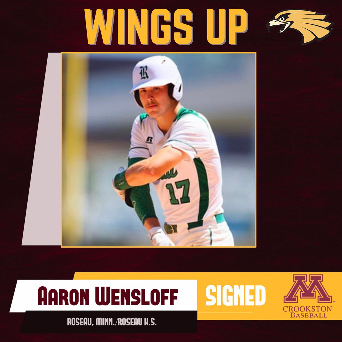 UMNCrookstonATH's tweet photo. Another Wensloff in the fold! Aaron Wensloff (Roseau, Minn.) joins @UMCBaseball from Baseball power Roseau High School!

🦅Two-time All-Section Performer
🦅2022 State AA All-Tournament Team
🦅2022 State AA Runner Up

Welcome to Golden Eagle Nation! https://t.co/KTcCICmNtR