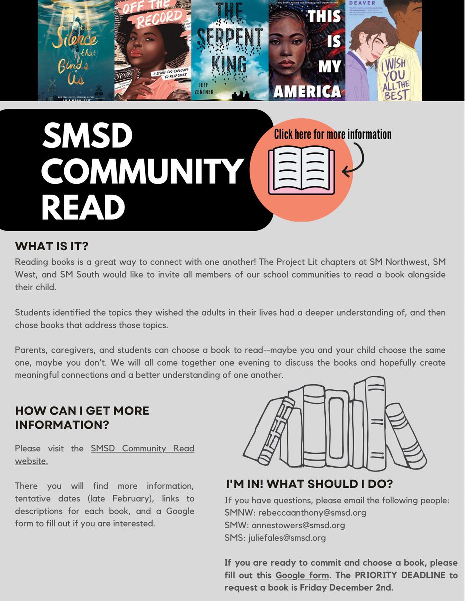 smnw_projectLIT (@smnw_projectlit) on Twitter photo We’re thrilled to invite any members of our NW community to participate in the first SMSD Community Read! We hope our students and the adults in their lives can gain a better understanding of one another through books! Click for more info: tinyurl.com/z5vwdxsp <a href="/theSMEF/">Shawnee Mission Education Foundation</a> We’re thrilled to invite any members of our NW community to participate in the first SMSD Community Read! We hope our students and the adults in their lives can gain a better understanding of one another through books! Click for more info: tinyurl.com/z5vwdxsp <a href="/theSMEF/">Shawnee Mission Education Foundation</a>